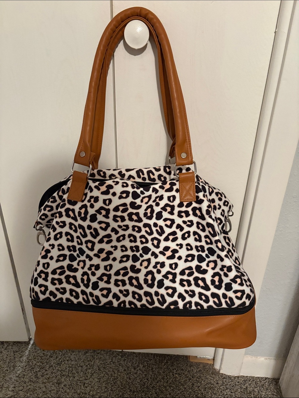 Leopard Print Tote Bag with Tan Trim